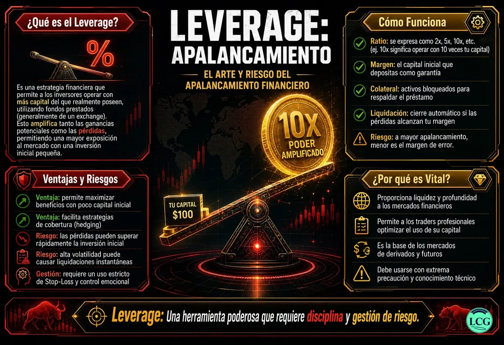 Infograf&iacute;a explicativa sobre Leverage en blockchain y crypto