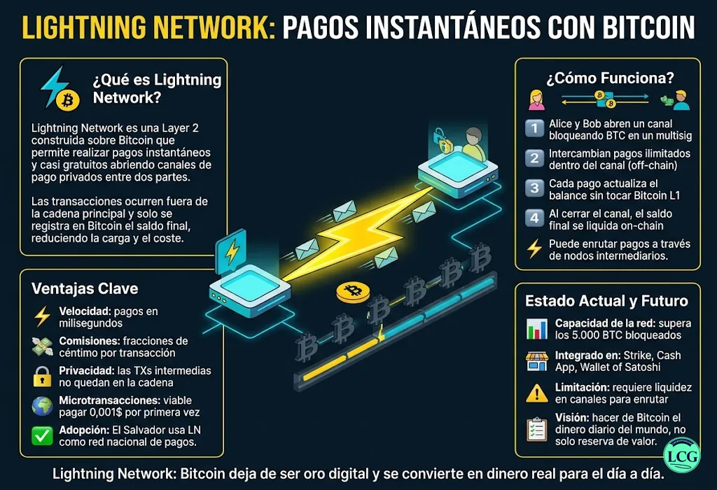 Infograf&iacute;a explicativa sobre Lightning Network en blockchain y crypto