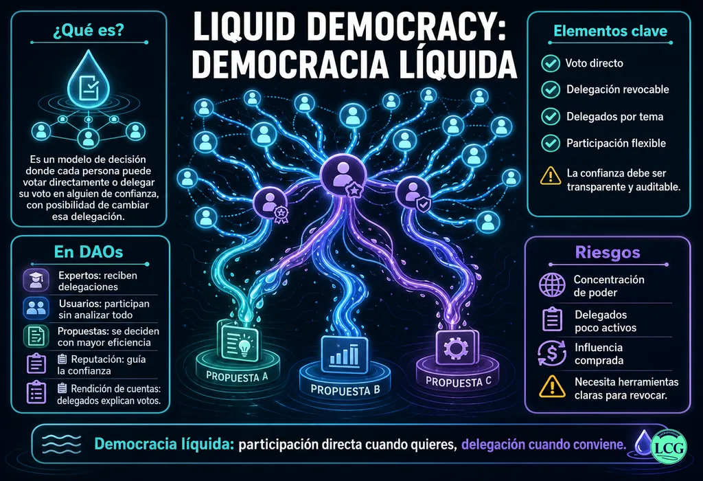 Infograf&iacute;a explicativa sobre Liquid Democracy en blockchain y crypto