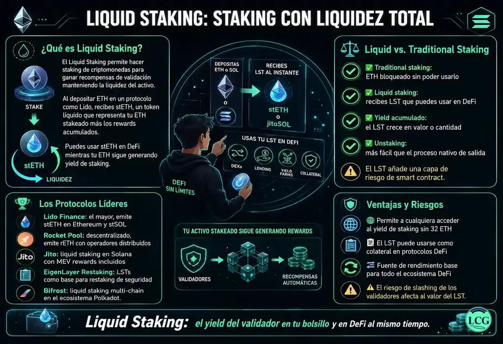 Infograf&iacute;a explicativa sobre Liquid Staking en blockchain y crypto