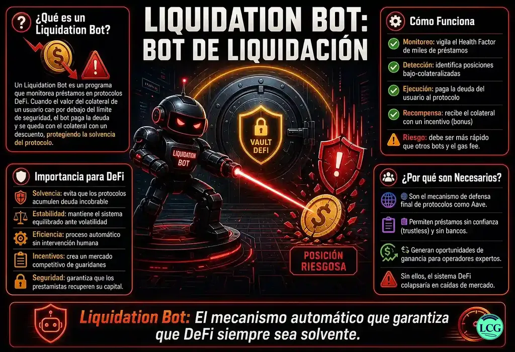 Infograf&iacute;a explicativa sobre Liquidation Bot en blockchain y crypto