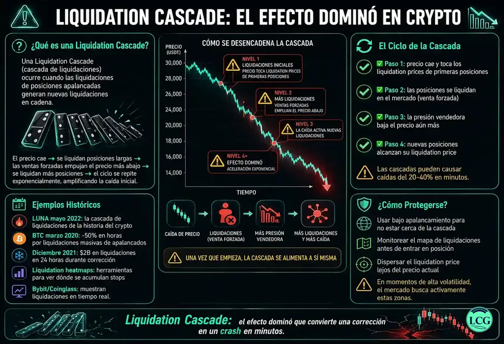 Infograf&iacute;a explicativa sobre Liquidation Cascade en blockchain y crypto
