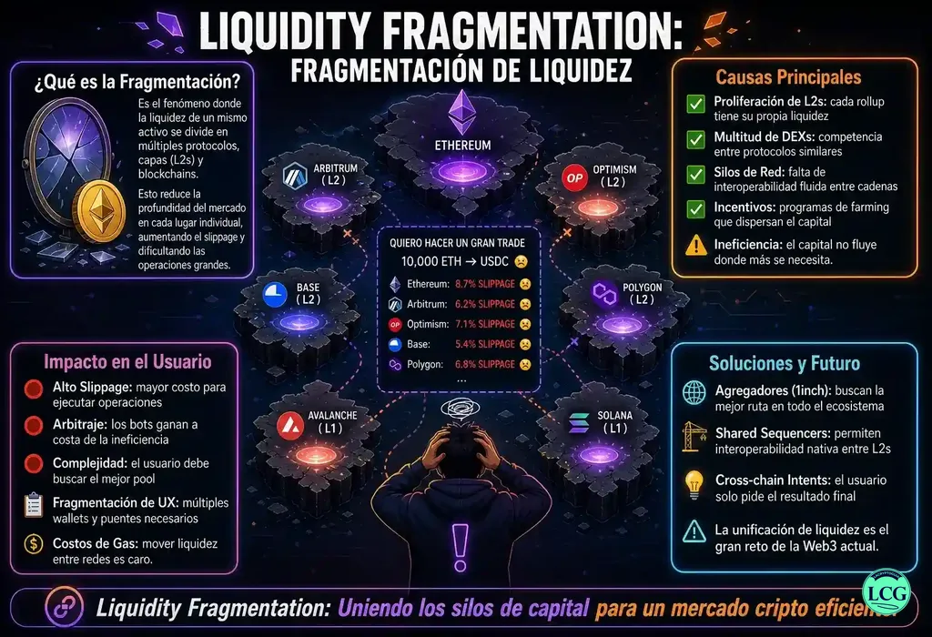 Infograf&iacute;a explicativa sobre Liquidity Fragmentation en blockchain y crypto