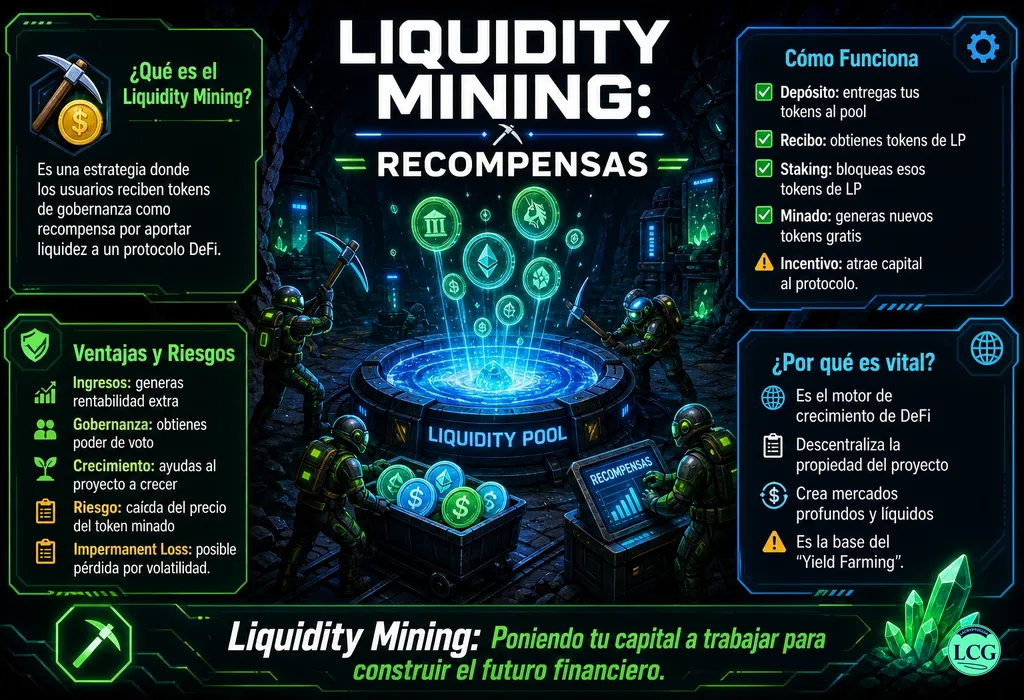 Infograf&iacute;a explicativa sobre Liquidity Mining en blockchain y crypto
