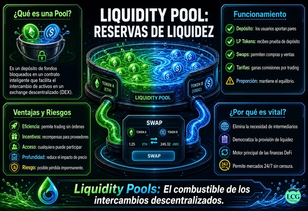 Infograf&iacute;a explicativa sobre Liquidity Pool en blockchain y crypto