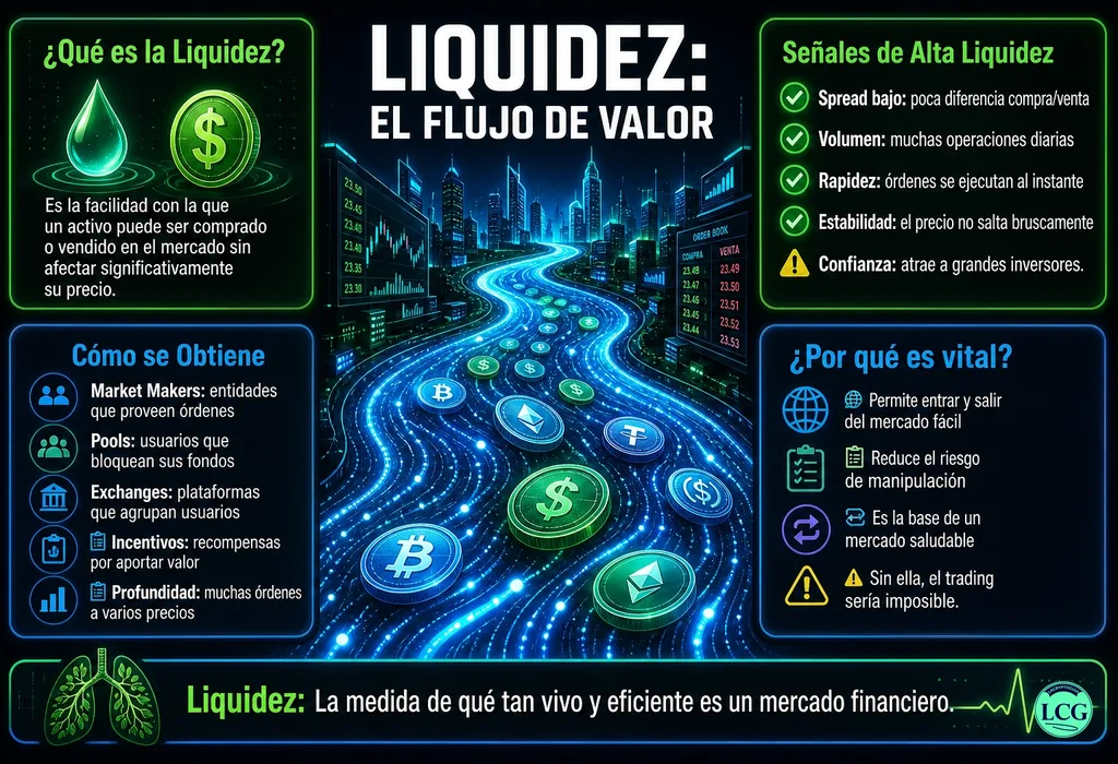 Infograf&iacute;a explicativa sobre Liquidity en blockchain y crypto