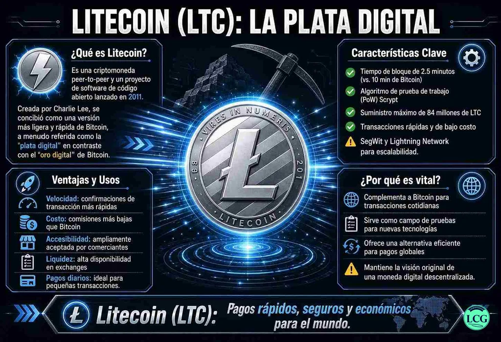 Infograf&iacute;a explicativa sobre Litecoin en blockchain y crypto