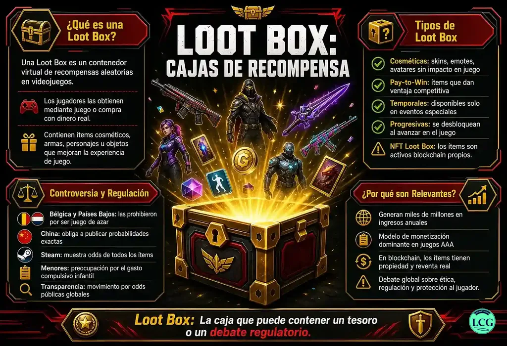 Infograf&iacute;a explicativa sobre Loot Box en blockchain y crypto