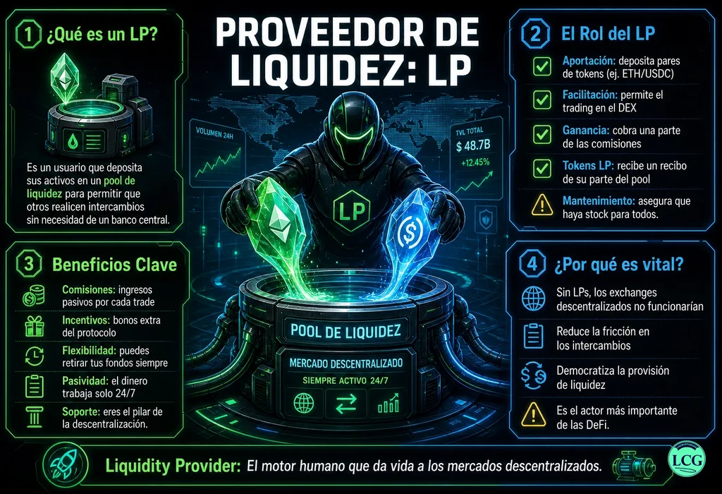 Infograf&iacute;a explicativa sobre Lp Liquidity Provider en blockchain y crypto