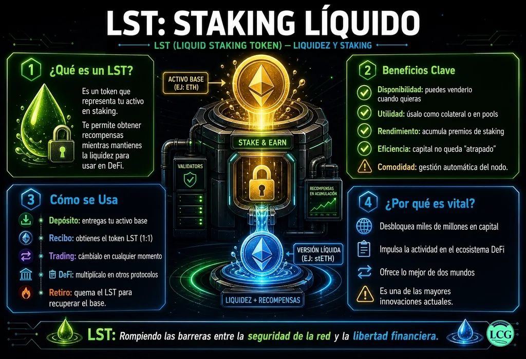 Infograf&iacute;a explicativa sobre Lst Liquid Staking Token en blockchain y crypto