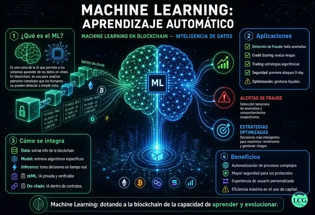 Infograf&iacute;a explicativa sobre Machine Learning en blockchain y crypto