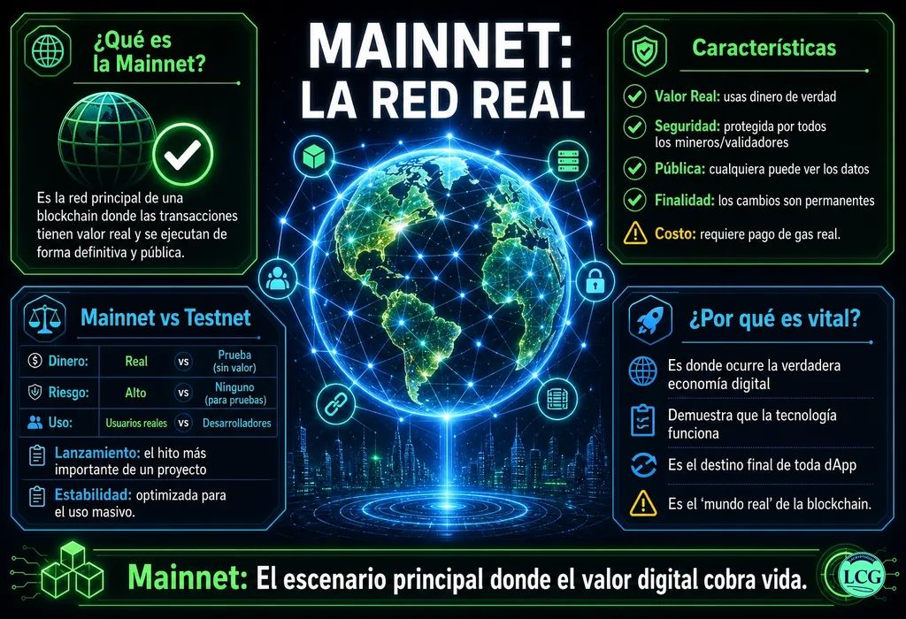 Infograf&iacute;a explicativa sobre Mainnet en blockchain y crypto