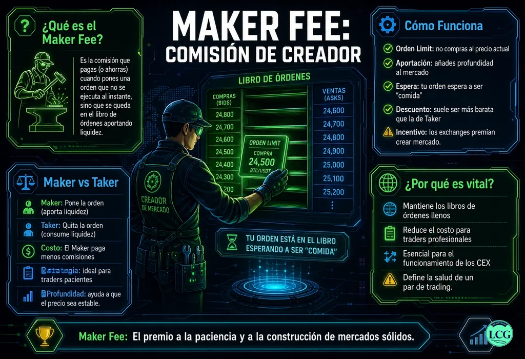 Infograf&iacute;a explicativa sobre Maker Fee en blockchain y crypto