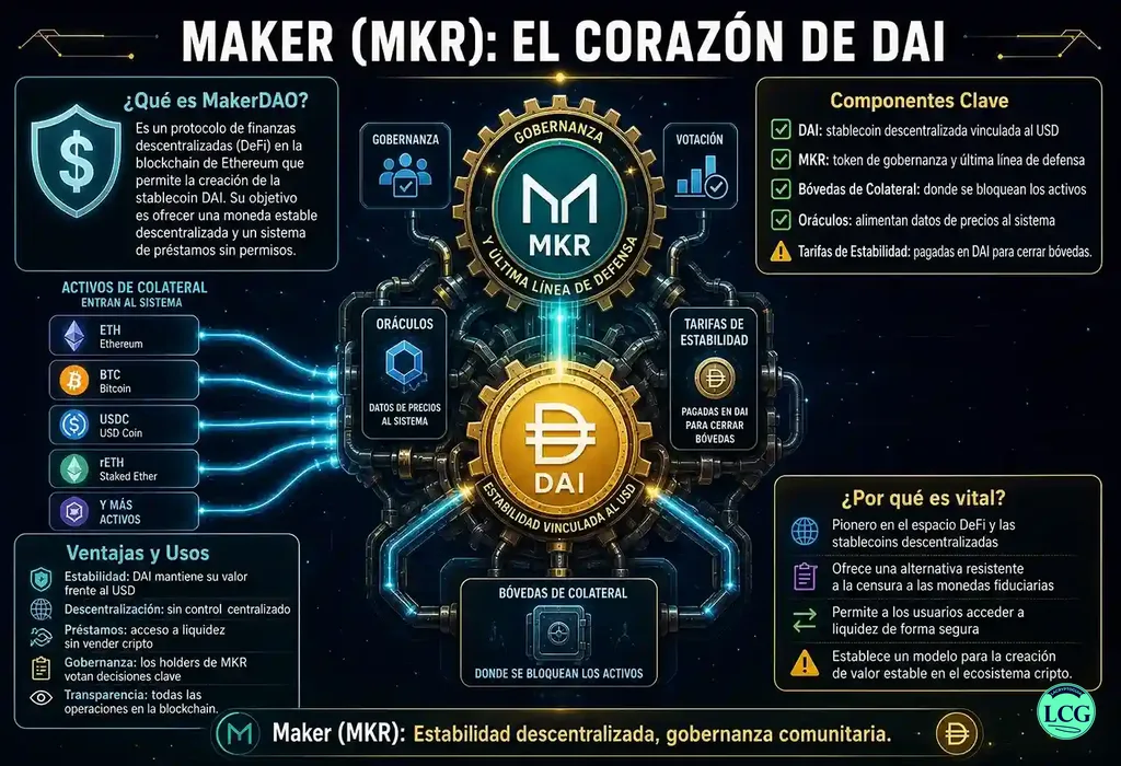 Infograf&iacute;a explicativa sobre Maker Mkr en blockchain y crypto