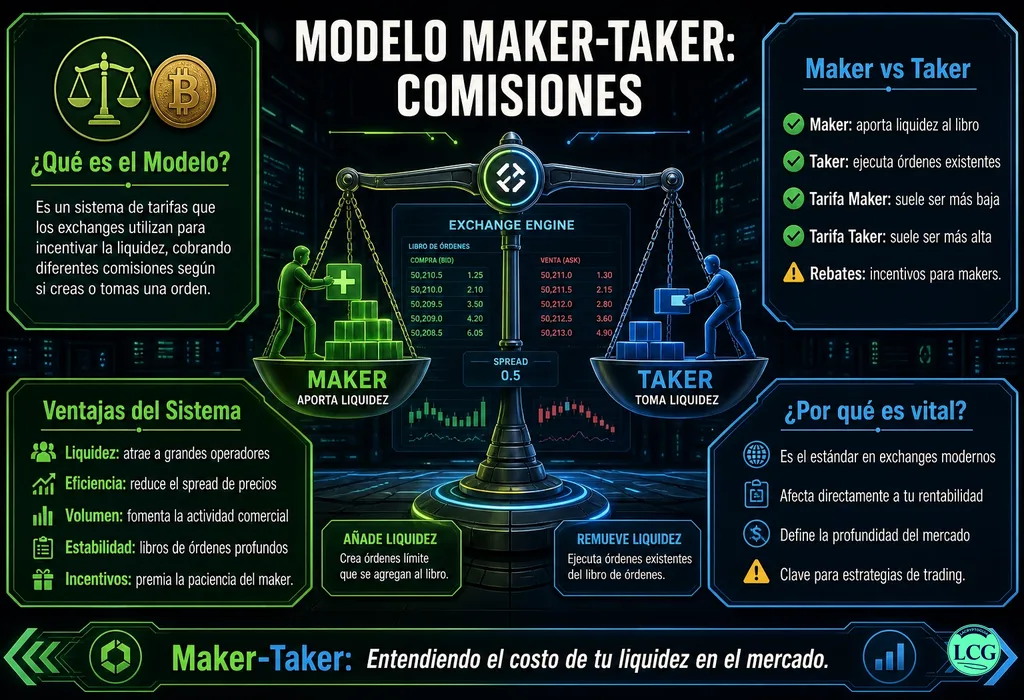 Infograf&iacute;a explicativa sobre Maker Taker Model en blockchain y crypto