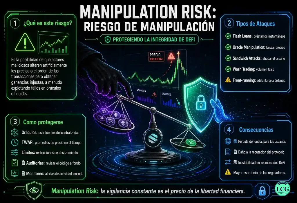 Infograf&iacute;a explicativa sobre Manipulation Risk en blockchain y crypto