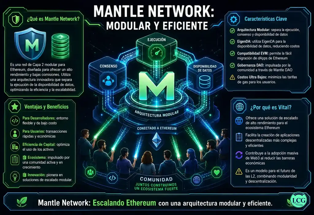 Infograf&iacute;a explicativa sobre Mantle Network en blockchain y crypto