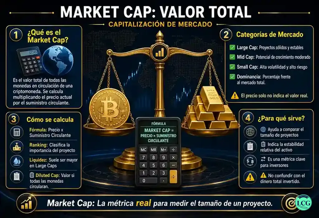 Infograf&iacute;a explicativa sobre Market Cap en blockchain y crypto