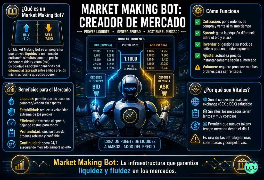 Infograf&iacute;a explicativa sobre Market Making Bot en blockchain y crypto