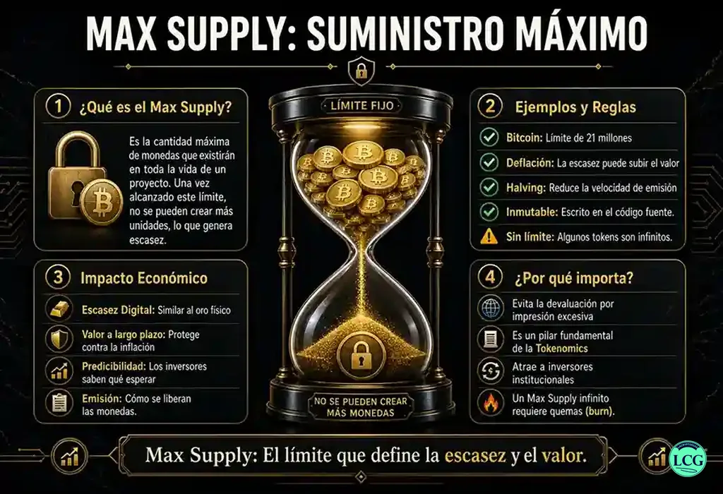 Infograf&iacute;a explicativa sobre Max Supply en blockchain y crypto