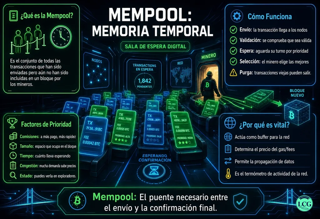Infograf&iacute;a explicativa sobre Mempool en blockchain y crypto