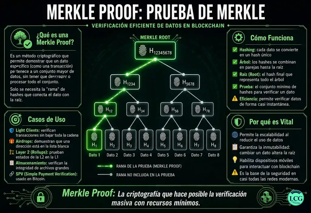 Infograf&iacute;a explicativa sobre Merkle Proof en blockchain y crypto