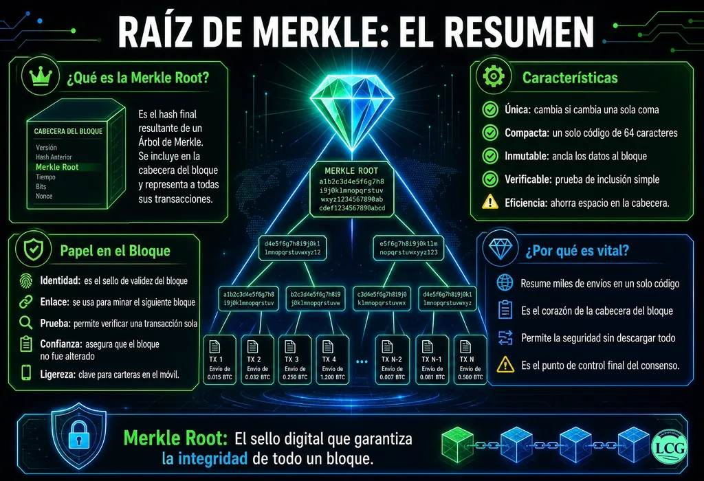 Infograf&iacute;a explicativa sobre Merkle Root en blockchain y crypto