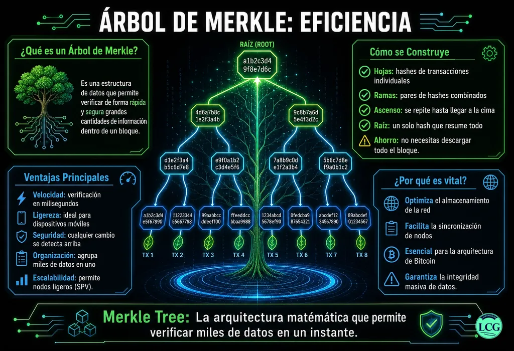Infograf&iacute;a explicativa sobre Merkle Tree en blockchain y crypto
