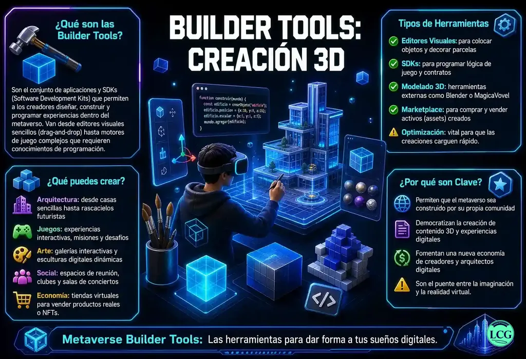 Infograf&iacute;a explicativa sobre Metaverse Builder Tools en blockchain y crypto