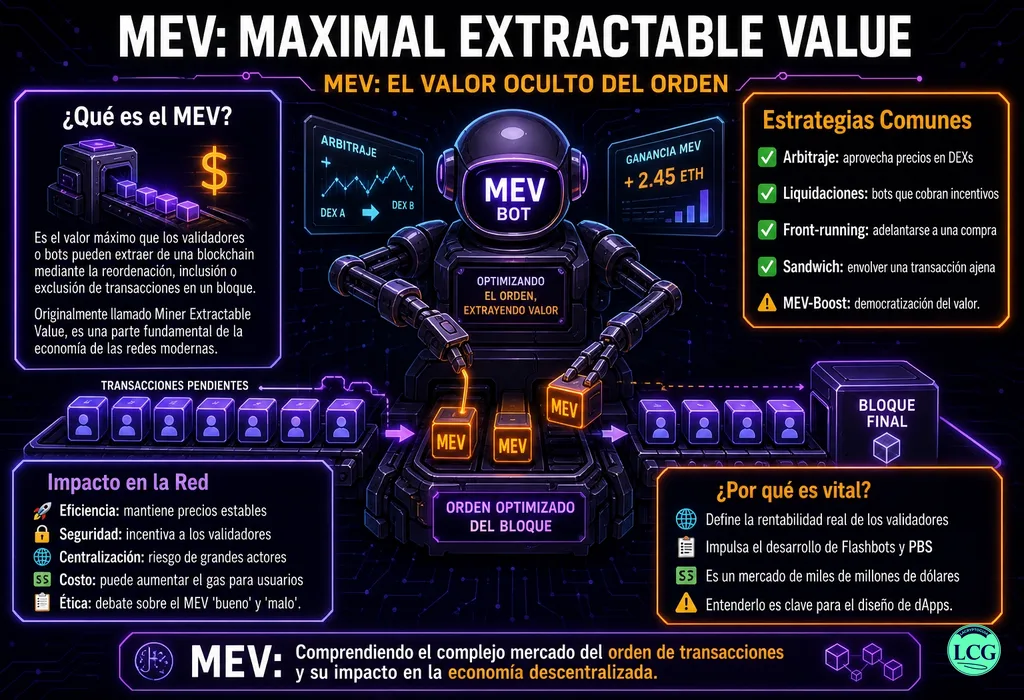 Infograf&iacute;a explicativa sobre Mev en blockchain y crypto