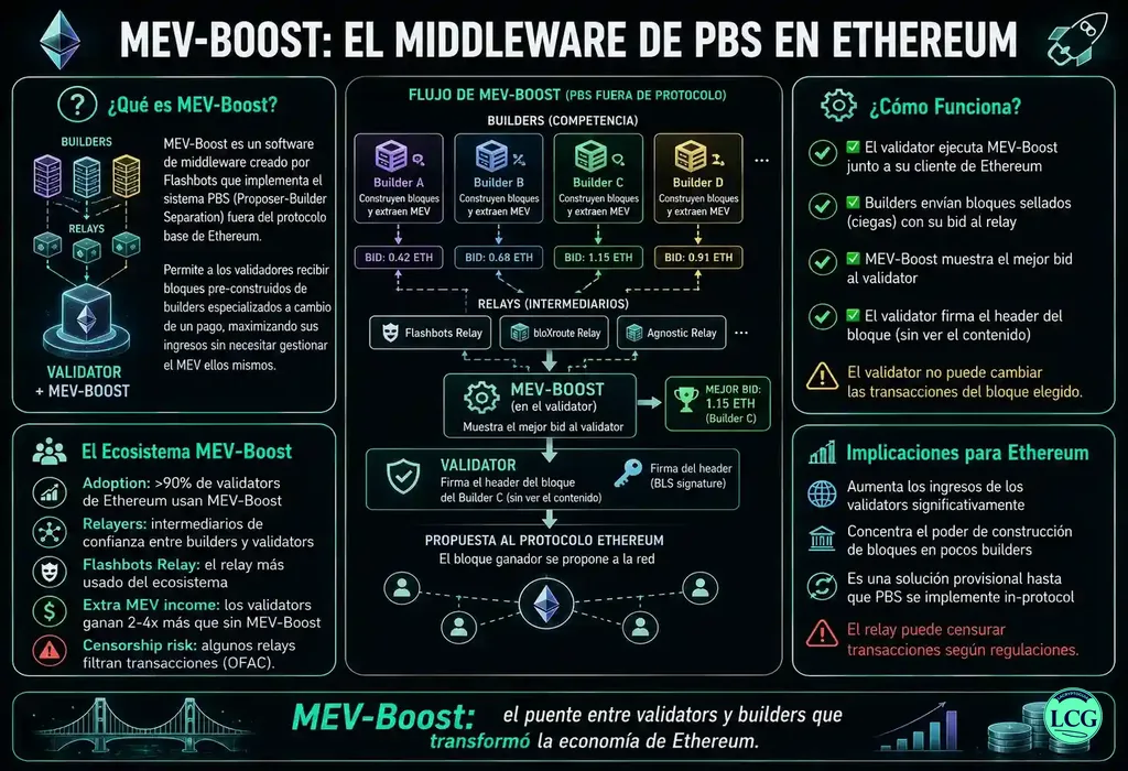 Infograf&iacute;a explicativa sobre Mev Boost en blockchain y crypto