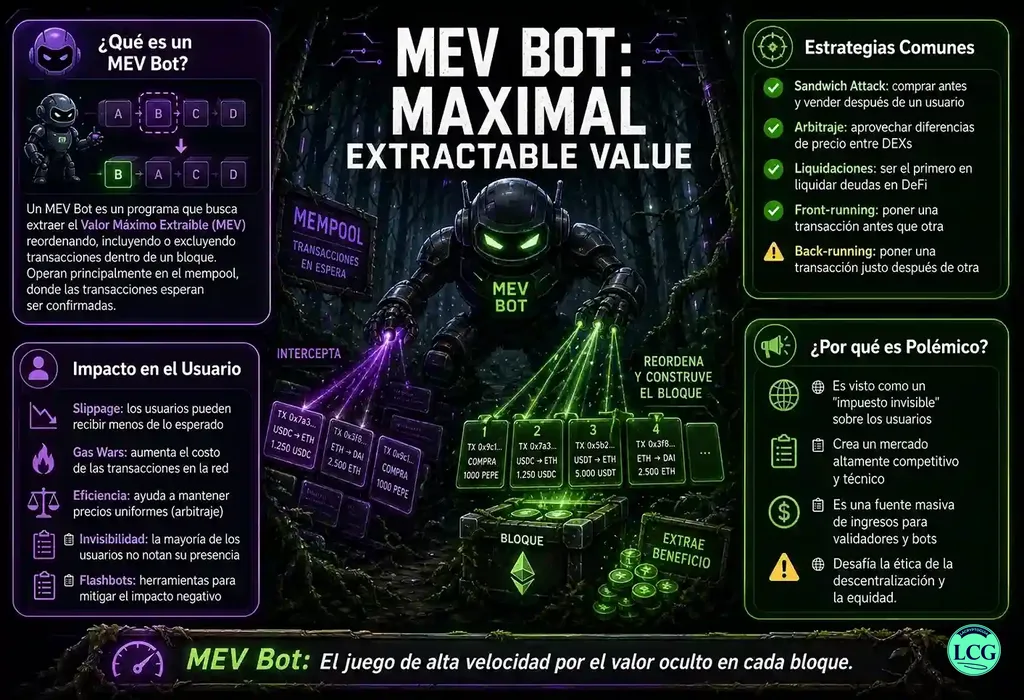 Infograf&iacute;a explicativa sobre Mev Bot en blockchain y crypto