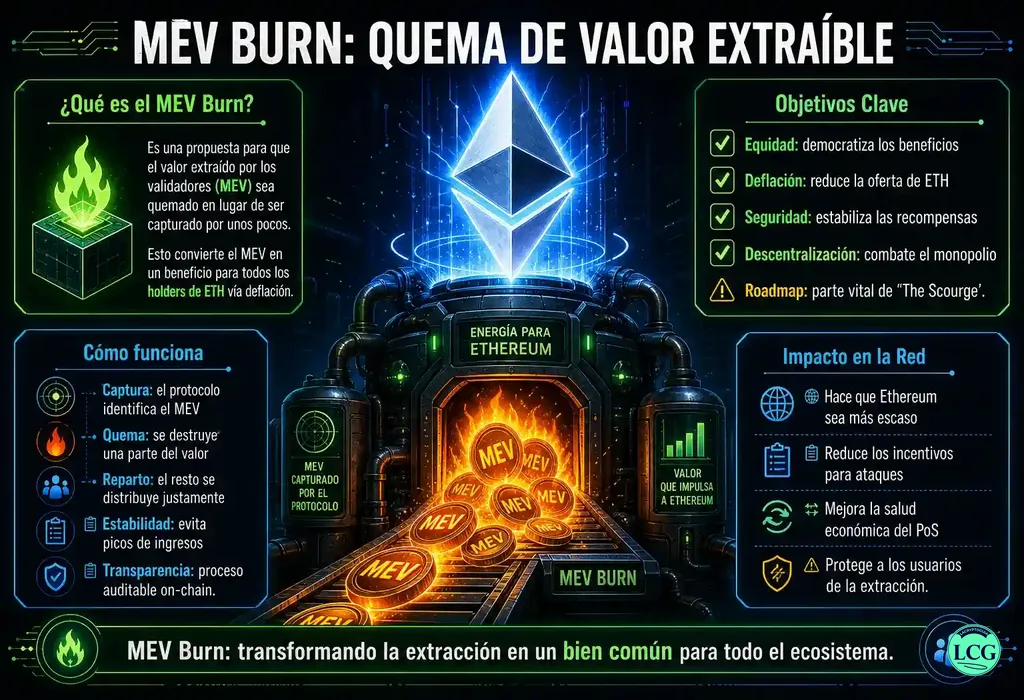 Infograf&iacute;a explicativa sobre Mev Burn en blockchain y crypto