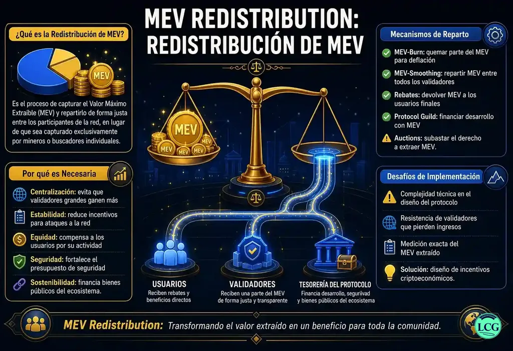 Infograf&iacute;a explicativa sobre Mev Redistribution en blockchain y crypto
