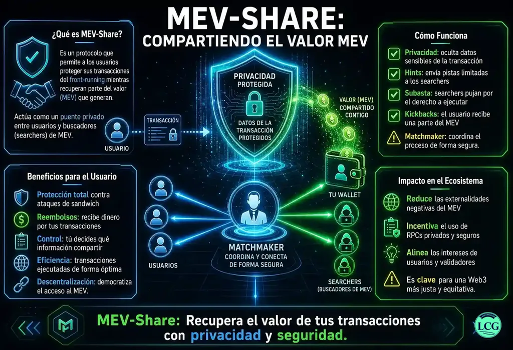 Infograf&iacute;a explicativa sobre Mev Share en blockchain y crypto