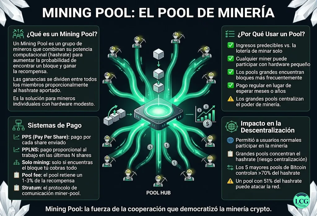 Infograf&iacute;a explicativa sobre Mining Pool en blockchain y crypto