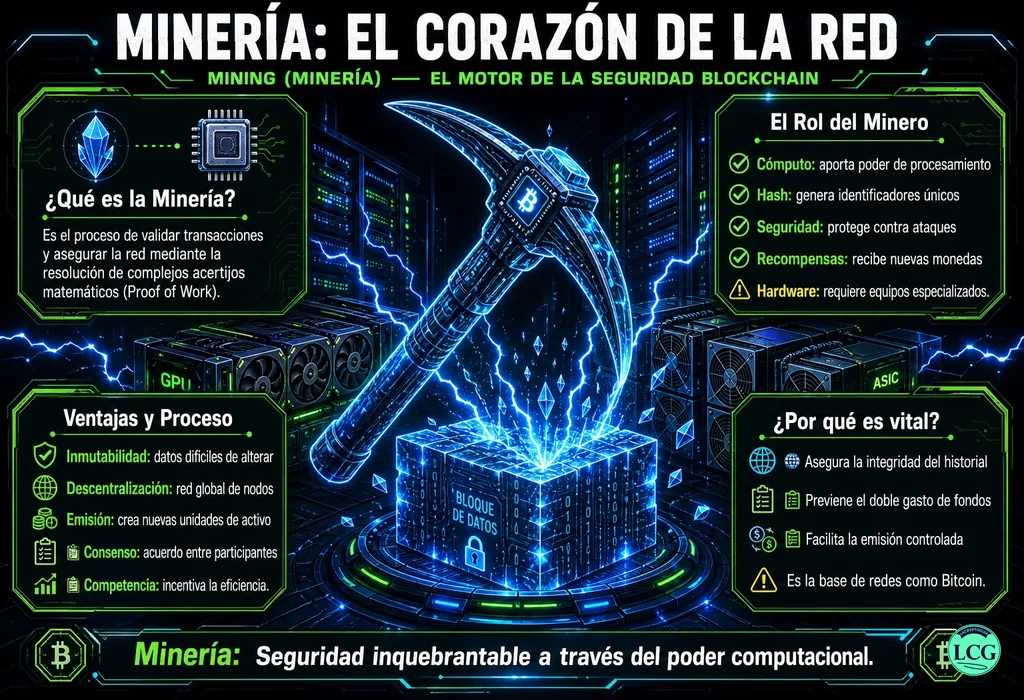Infograf&iacute;a explicativa sobre Mining en blockchain y crypto