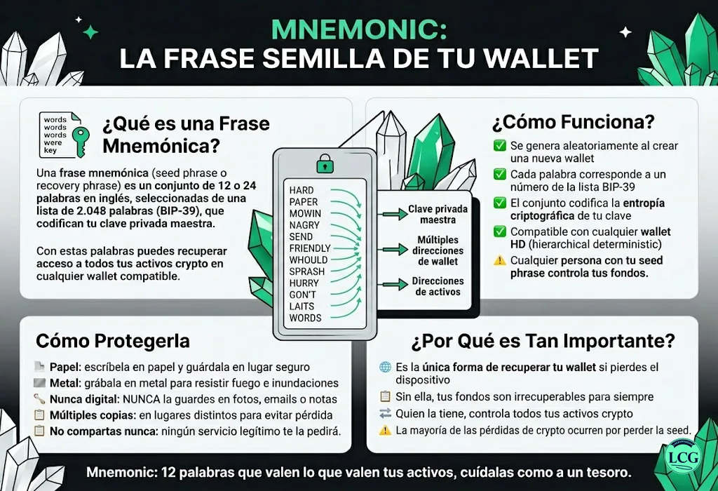Infograf&iacute;a explicativa sobre Mnemonic en blockchain y crypto