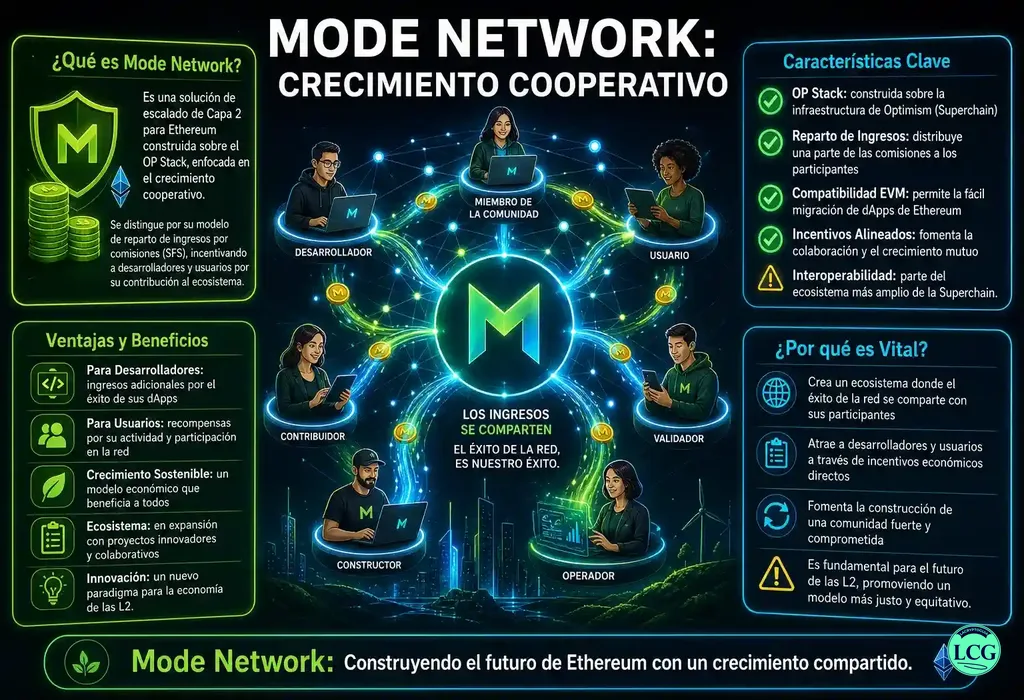 Infograf&iacute;a explicativa sobre Mode Network en blockchain y crypto