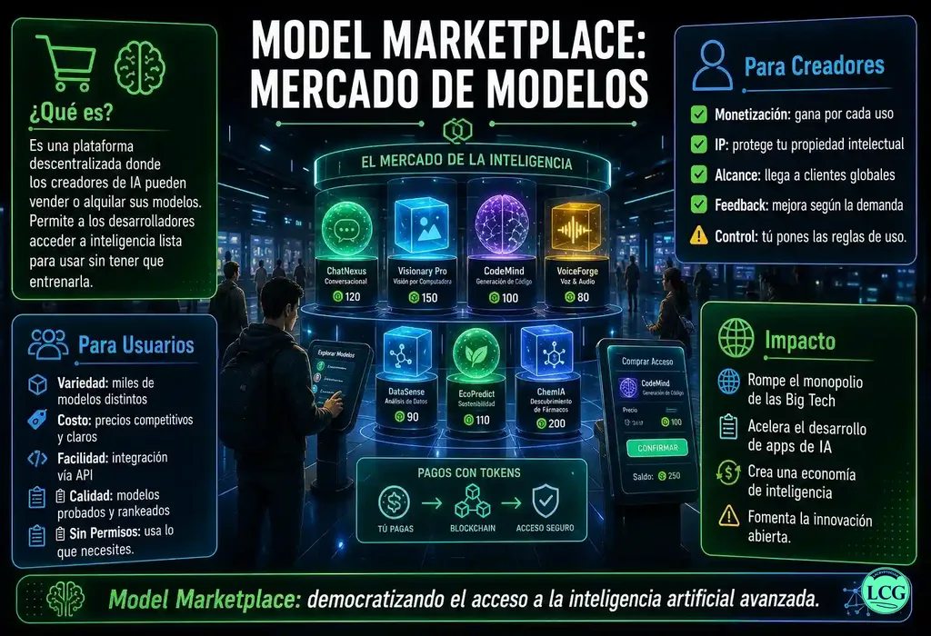 Infograf&iacute;a explicativa sobre Model Marketplace en blockchain y crypto