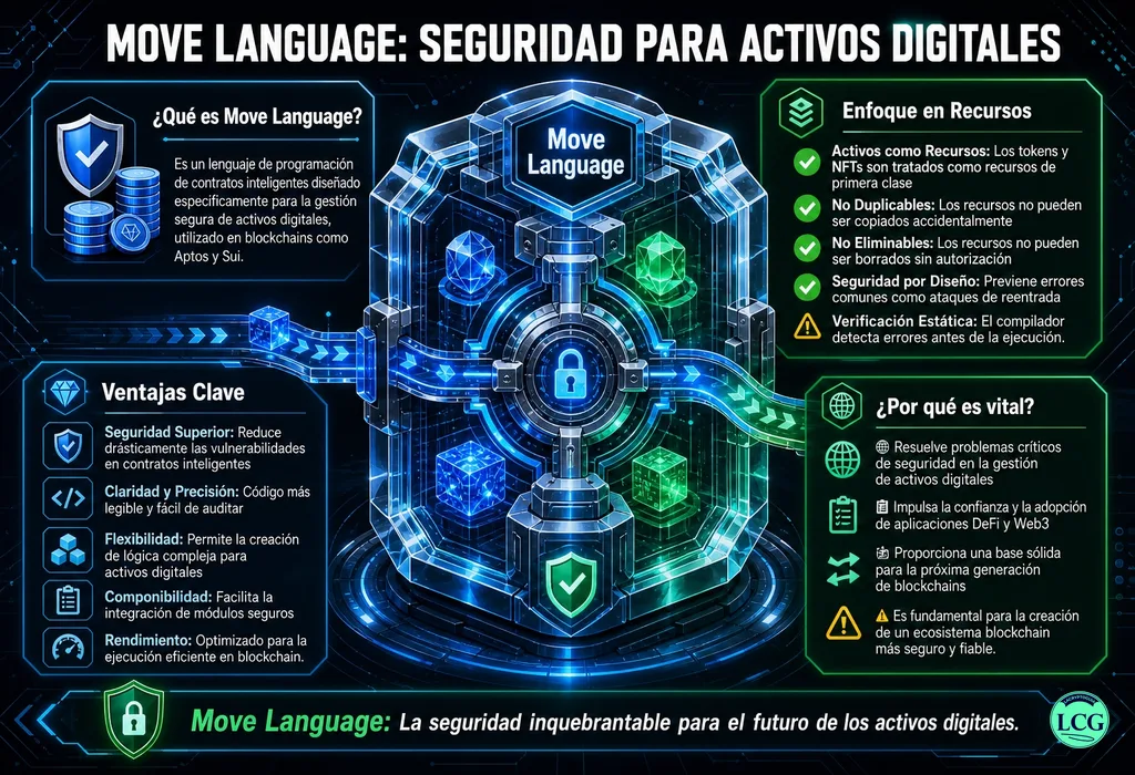 Infografía explicativa sobre Move Language en blockchain y crypto