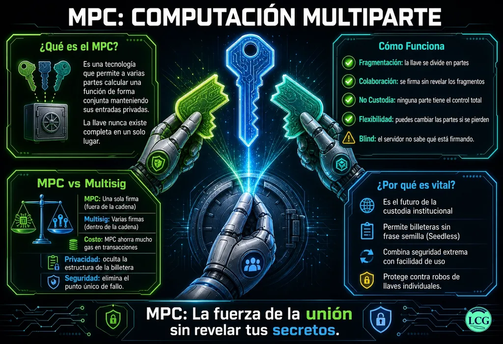 Infograf&iacute;a explicativa sobre Mpc en blockchain y crypto