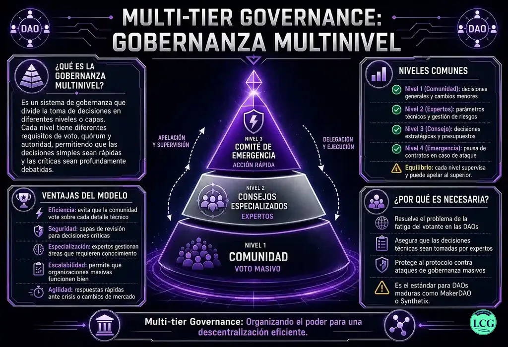 Infograf&iacute;a explicativa sobre Multi Tier Governance en blockchain y crypto