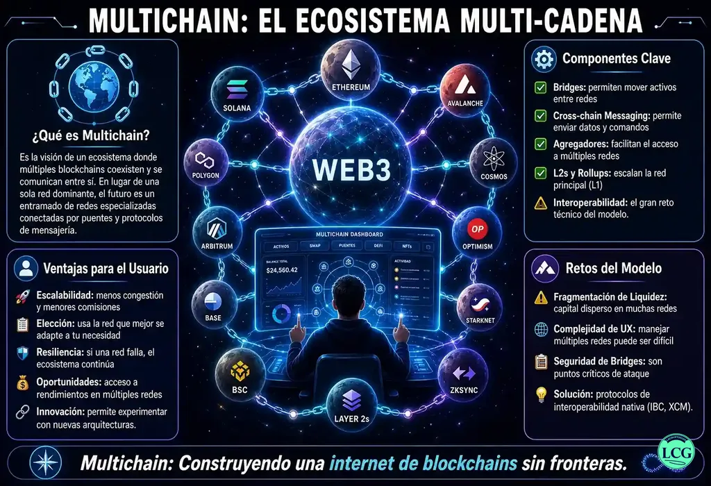 Infograf&iacute;a explicativa sobre Multichain en blockchain y crypto
