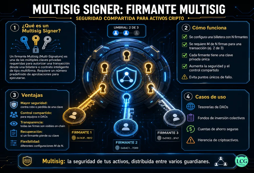 Infograf&iacute;a explicativa sobre Multisig Signer en blockchain y crypto