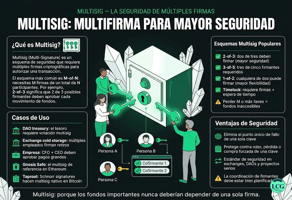 Infograf&iacute;a explicativa sobre Multisig en blockchain y crypto