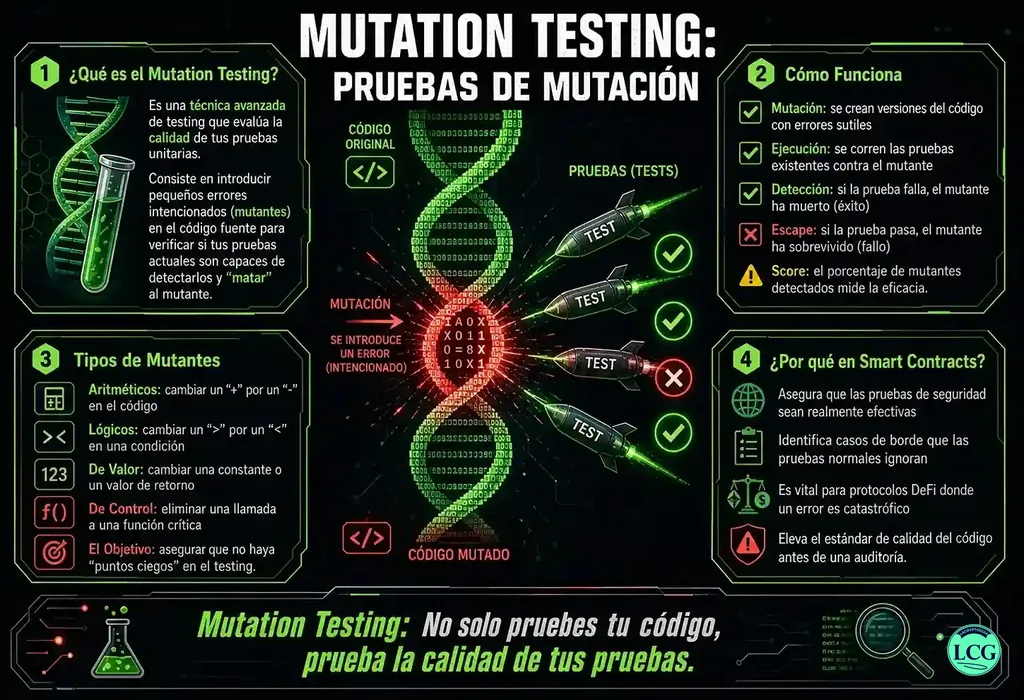 Infograf&iacute;a explicativa sobre Mutation Testing en blockchain y crypto