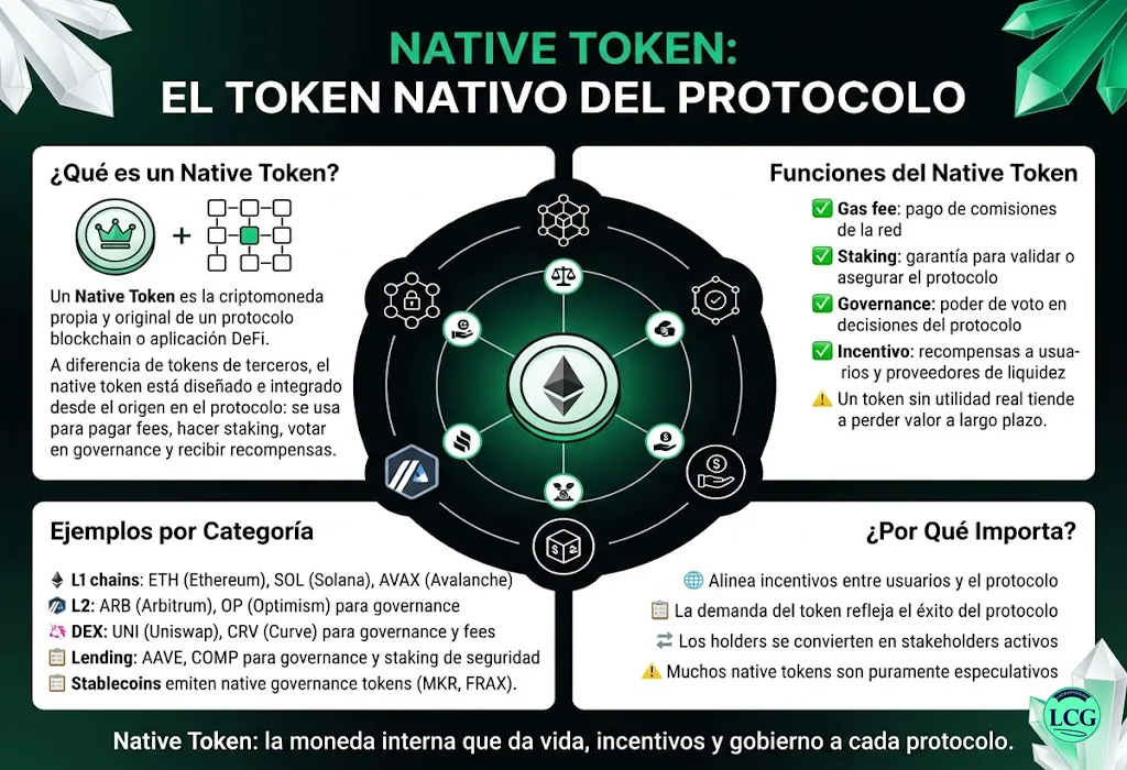 Infograf&iacute;a explicativa sobre Native Token en blockchain y crypto