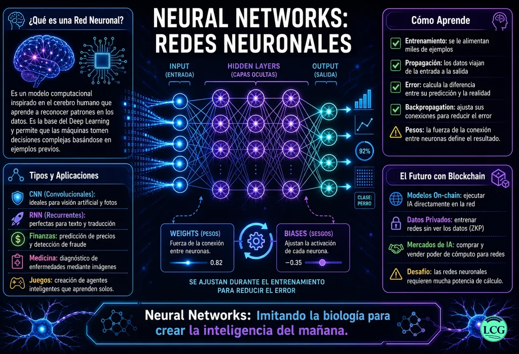 Infograf&iacute;a explicativa sobre Neural Network Red Neuronal en blockchain y crypto