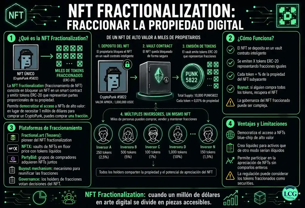 Infograf&iacute;a explicativa sobre Nft Fractionalization en blockchain y crypto